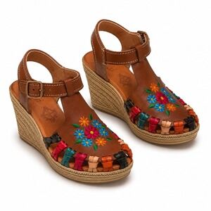 Floral Embroidered Huarache Wedge Sandals Women Size 6 Brown Leather Boho